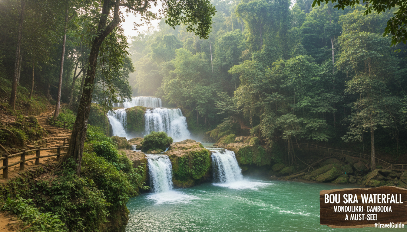 The stunning multi-tiered Bou Sra waterfall in Mondulkiri, Cambodia, surrounded by lush jungle, a key highlight of any Mondulkiri travel guide.