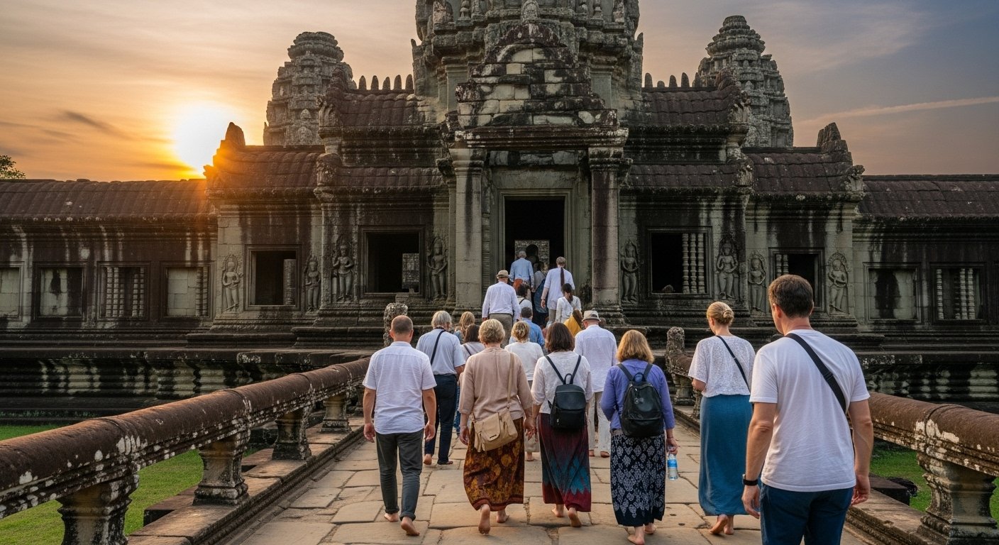 Tourists dressed respectfully with covered shoulders and knees entering a Cambodian temple, avoiding common Cambodia travel mistakes regarding attire.