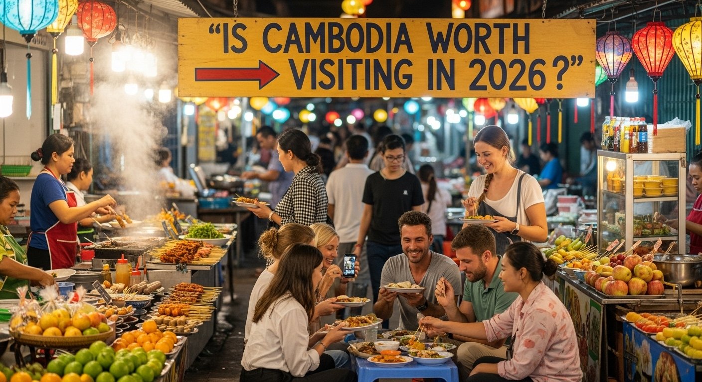 Tourists enjoying affordable and delicious Cambodian street food in a lively night market, highlighting 'Is Cambodia Worth Visiting in 2026?'