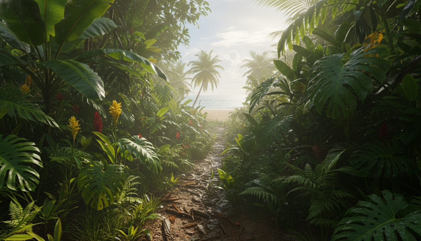 Tropical foliage vibrant and green after a rain shower, with a path leading towards a beach during Cambodia Beach Travel Rainy Season. Focus on lushness.