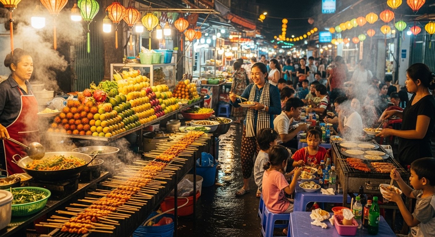 Vibrant and bustling Cambodia street food market at night, with various stalls and local people enjoying meals, high-quality, photorealistic.