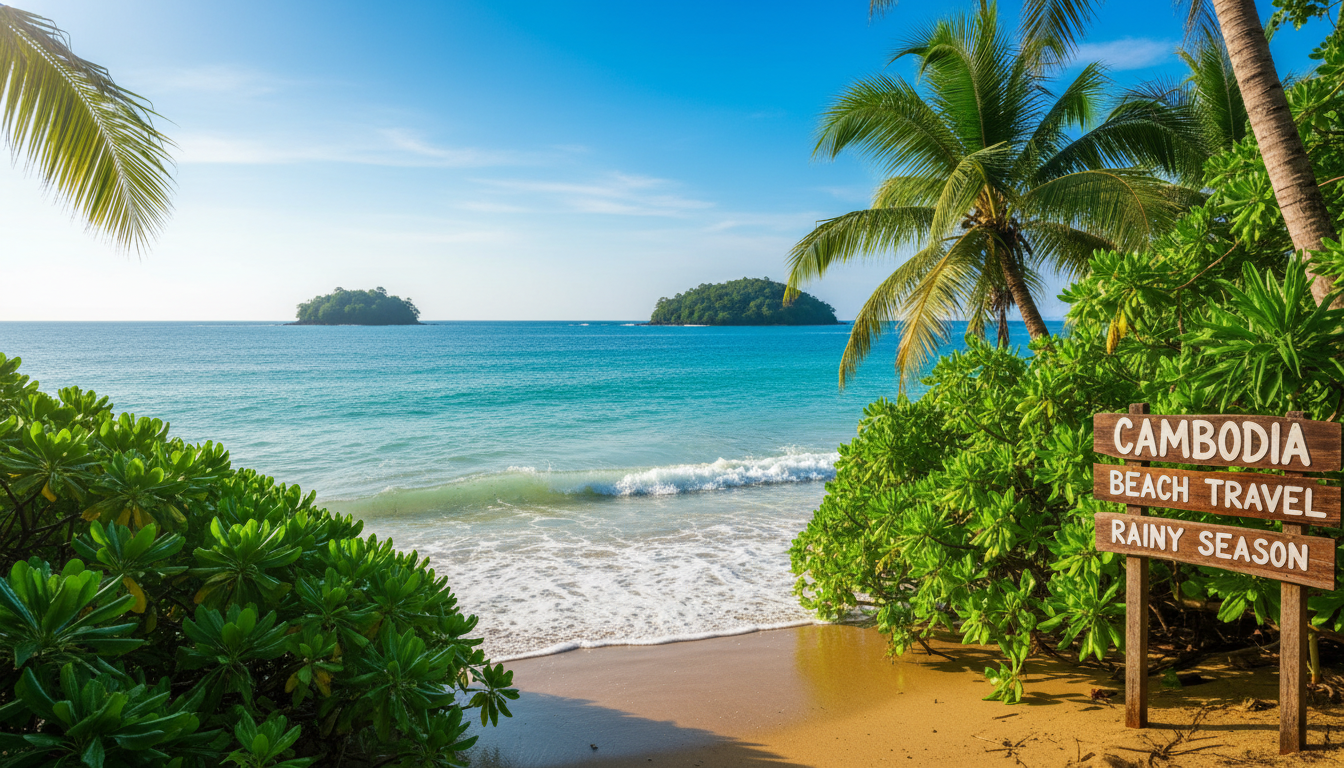 Vibrant, lush green landscape of a Cambodian beach with clear skies after a brief shower, showcasing the beauty of Cambodia Beach Travel Rainy Season.