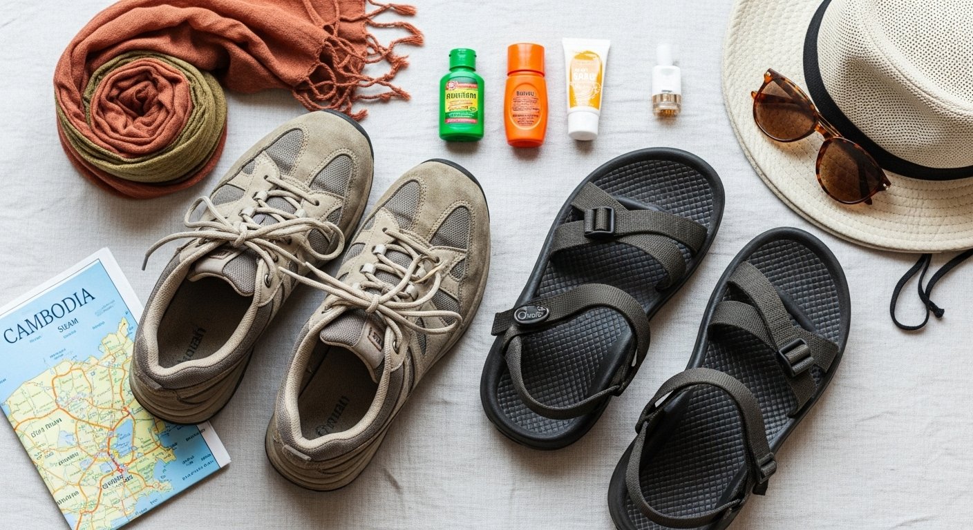 What to pack for Cambodia: A pair of comfortable walking shoes and a pair of sturdy sandals, ready for exploring ancient temples and city streets.