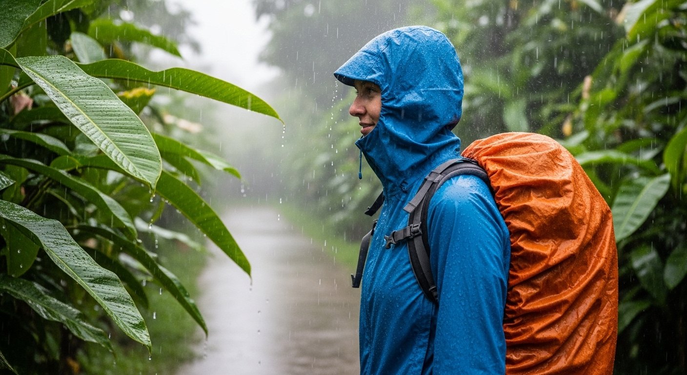 What to pack for Cambodia: A traveler wearing a lightweight, waterproof rain jacket amidst a tropical downpour, with a waterproof backpack cover visible.