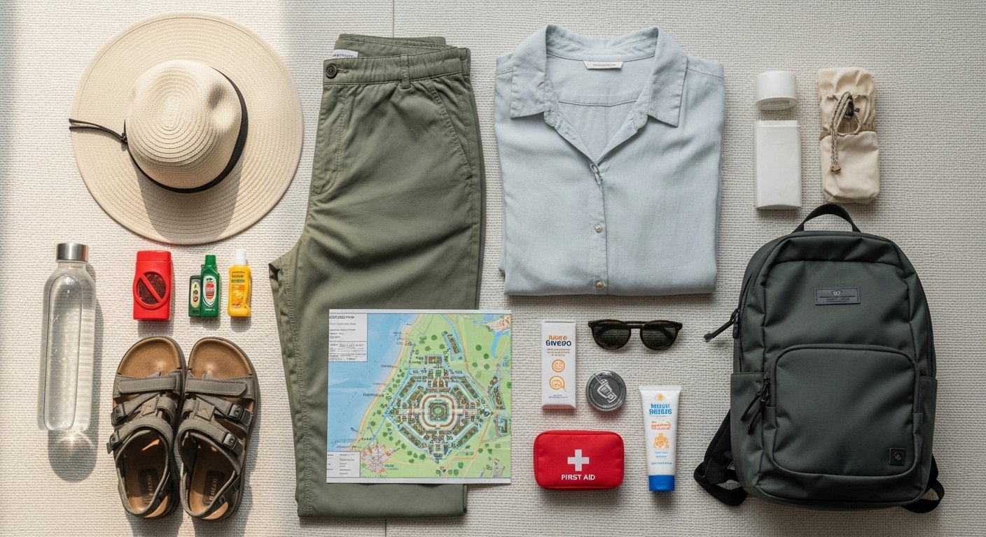What to pack for Cambodia: Lightweight, modest attire suitable for temple visits, including long pants and a shirt covering shoulders for a female traveler at Angkor Wat.